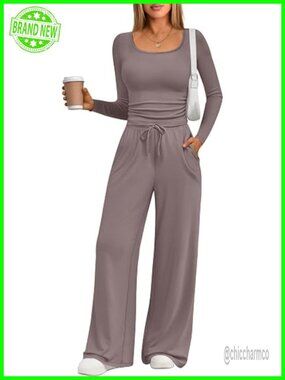 Scoop Neck Lounge Set Wide Leg Pants Side Ruching Crop Top Sweatsuit Sets With